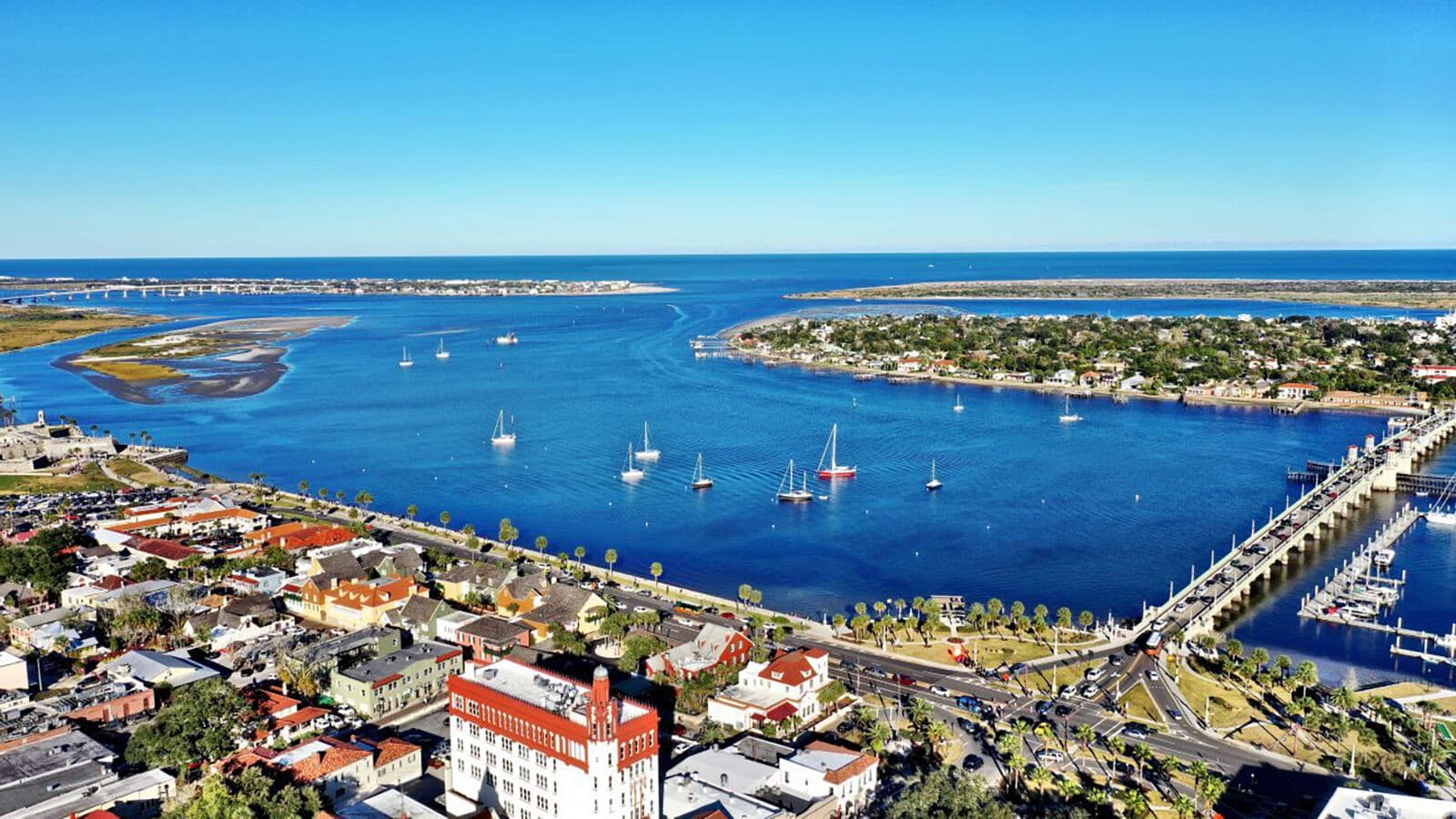 Aerial view of St. Augustine's bayfront with Castillo de San Marcos
