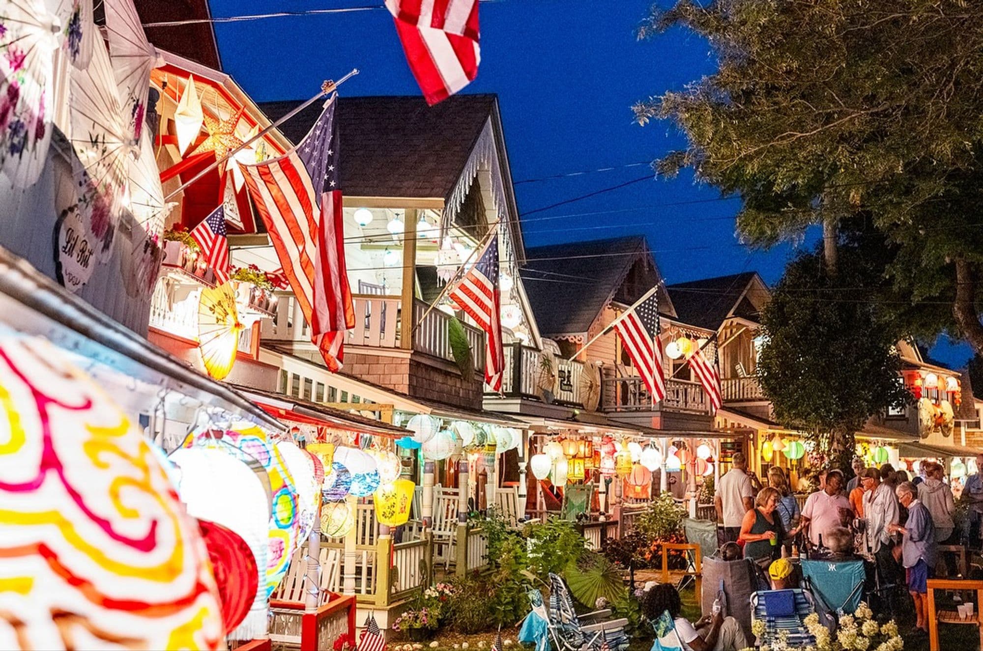 Illuminated Victorian cottages at the Oak Bluffs Campground, Martha's Vineyard