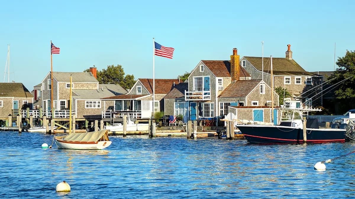 Gray-shingled harborfront cottages on Nantucket