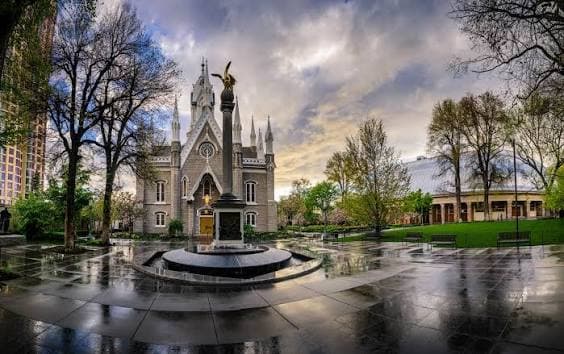 The Assembly Hall and Angel Moroni monument in Temple Square, Salt Lake City
